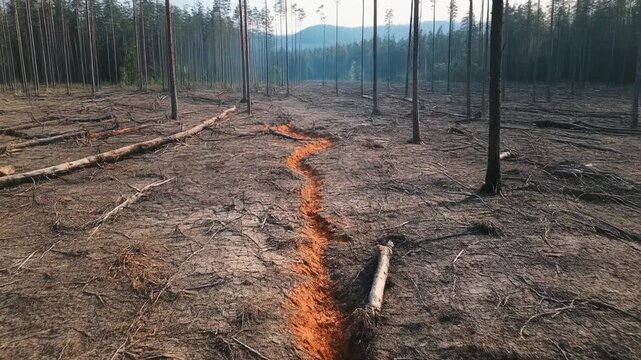 Controlled Ground Fire Burning in a Clearcut Forest Area.