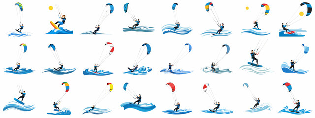 Kitesurfing and Kiteboarding Action Poses Vector Illustration Set. Water Sport Athletes Riding Waves and Catching Wind Collection. © Sabiqul