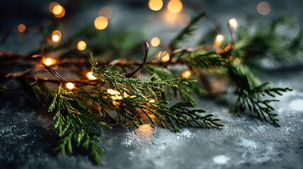 Festive Winter Branch with Golden Bokeh Lights and Frosted Texture - Cozy Holiday Atmosphere.