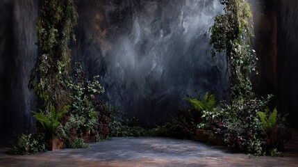 Dramatic Dark Textured Stage with Lush Green and Burgundy Botanical Foliage Framing an Empty Rustic Backdrop for Product Display