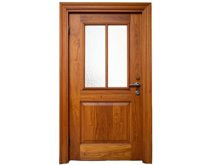 A detailed image of a wooden door with glass pane, a knob, and a rich woodgrain finish