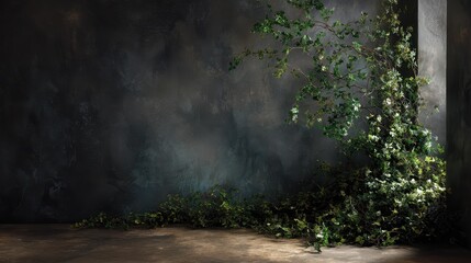 Lush Green Ivy Vines Climbing Dark Textured Wall with Sunlit Floor.