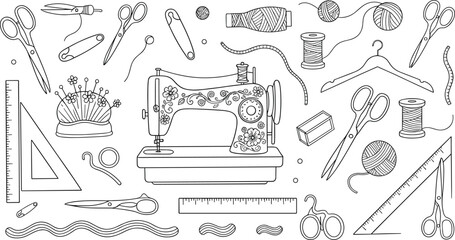Vintage style sewing machine and tailoring equipment vector collection featuring scissors thread spools needles and measuring tools in black outline