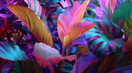 Vibrant Tropical Leaves in Neon Purple and Blue Light, Textured Plant Foliage Abstract.