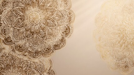 Luxurious Golden Mandala Pattern Background with Intricate Ornamental Floral Design on Elegant Beige