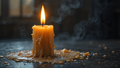 Lit Candle with Soft Smoke in Dark Atmospheric Setting