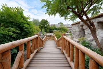 Wooden walkway leading through green park landscape