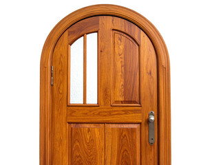 Wooden arched door with glass panel and hardware, detailed wood grain and a white background