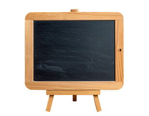 A small, wooden framed chalkboard on a wooden easel, isolated against a solid black background