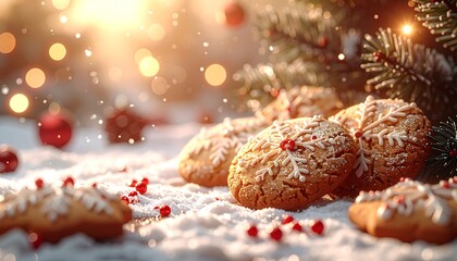 Close-up of snow-dusted snowflake cookies with festive decor & soft bokeh background. Ideal seasonal composition