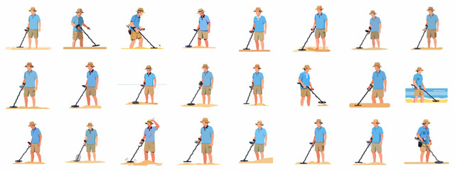 Metal detectorist man character poses set, illustrating hobbyist searching for valuable finds and lost treasures on the beach or sandy ground, flat vector.