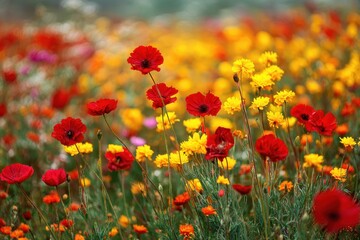 Obraz premium Explore the vibrant beauty of a flower meadow landscape filled with stunning red and yellow blooms under a bright sunny sky