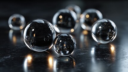 Macro Photography of Transparent Spheres Reflecting Light and Bubbles on a Dark, Textured Surface.