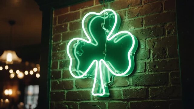 A glowing green shamrock neon sign is affixed to a rustic brick wall with soft outoffocus warm lighting in the background