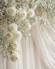 Elegant White Roses and Delicate Baby's Breath Floral Arrangement on Soft Draped Fabric Backdrop for Weddings and Special Events.
