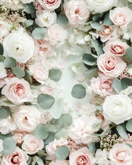 Soft Pink and White Roses with Eucalyptus Leaves - Romantic Floral Flat Lay Background.