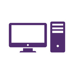 Computer monitor and tower in purple on white background with copy space
