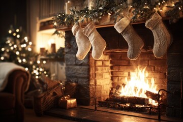 Cozy Christmas Fireplace with Stockings and Gifts, Warm Glow, Festive Holiday Scene.