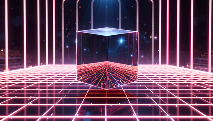 Futuristic Neon Platform with Glowing Grid and Light Beams