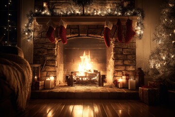 Obraz premium Cozy Christmas Fireplace Scene with Glowing Fire, Stockings, Gifts, and Twinkling Lights