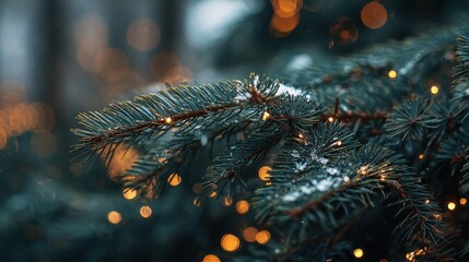 Enchanting Close-up Snowy Fir Branch Adorned with Sparkling Christmas Lights and Golden Bokeh.