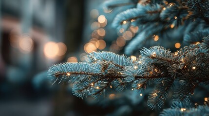 Glowing Blue Spruce Christmas Tree Branch Adorned with Warm Golden Fairy Lights and Soft Bokeh Background for Festive Holidays.