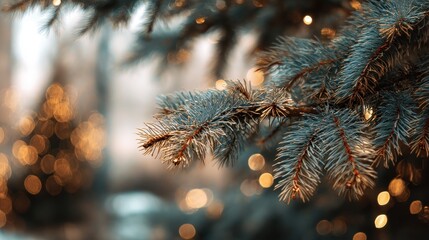 Detailed Blue-Green Spruce Pine Branches with Warm Golden Bokeh Lights, Festive Winter Holiday Background Texture.