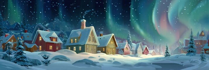 Magical Winter Village at Night with Northern Lights. Cozy Snow-Covered Houses in an Enchanting Nordic Landscape with Falling Snow.