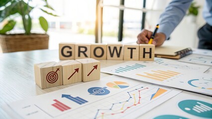 Wooden cubes spelling 'Growth' on table, upward arrows and charts, revenue increase concept, business expansion theme