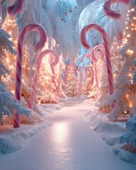 Enchanted Candy Cane Forest Path with Snowy Trees and Warm Christmas Lights