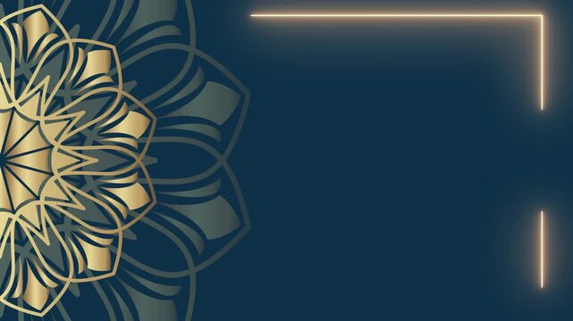 Elegant Golden Mandala Design on Dark Teal Background with Neon Frame.