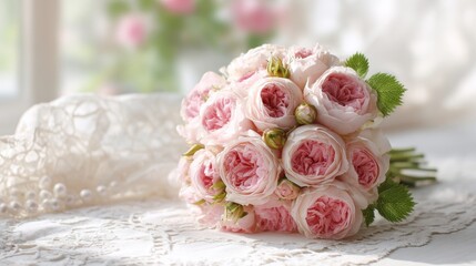 Soft pink rose bouquet on a white lace tablecloth