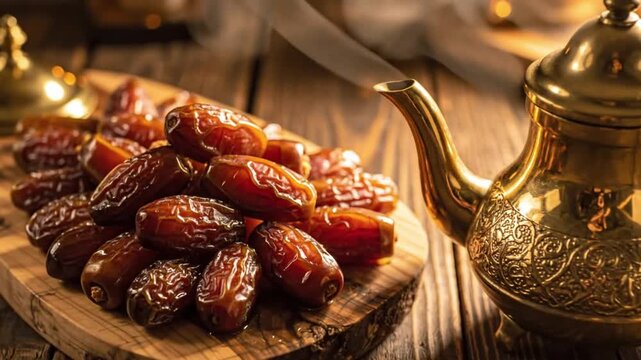 A golden teapot steams beside a pile of glossy dates on a rustic wooden board Warm light illuminates the setting