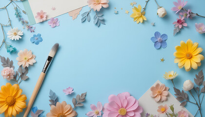Pastel Stationery Flat Lay with Floral Decoration