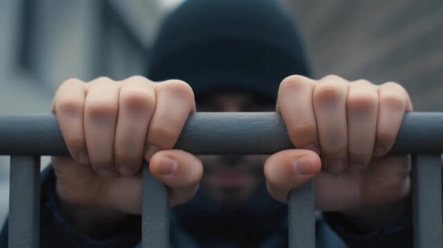 Man in black hoodie holding metal bars with both hands.