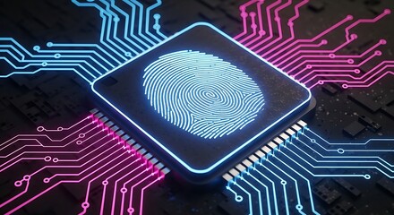 Closeup of a computer chip with a glowing blue fingerprint scanner in the center, surrounded by illuminated circuit board traces, symbolizing digital security and identity