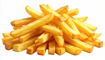 Golden-brown, crispy fried potato sticks piled high against a white backdrop