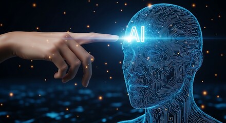 Closeup of a hand touching a glowing ai head, symbolizing artificial intelligence, consciousness, and human interaction with technology