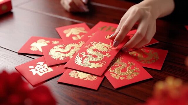 A hand holds a red envelope with a golden dragon design among other envelopes scattered on a wooden table