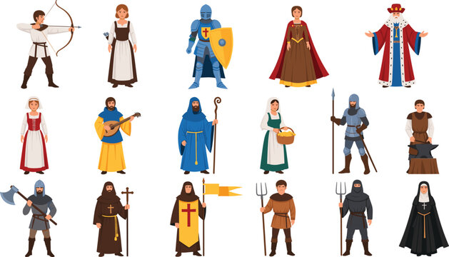Medieval character vector set featuring king knight archer monk peasant blacksmith and royal people isolated on white background for historical story design.