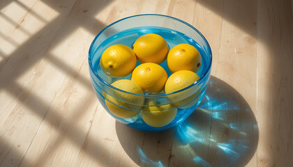 Fresh Yellow Lemons in Blue Glass Bowl on Bright Background