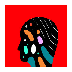 Abstract Human Profile Silhouette with Colorful Organic Geometric Shapes and Patterns on a Vibrant Red Background Minimalist Illustration.