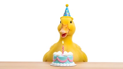 Adorable duckling celebrates birthday with colorful cake and candle