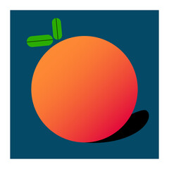 Minimalist Orange Fruit Illustration with Green Leaves and Long Shadow in Geometric Style on Dark Teal Background.