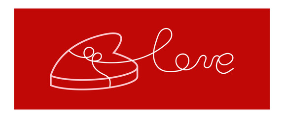 Minimalist Heart Shaped Gift Box with Love Typography and Continuous Line Art in Modern Graphic Style on Red Background.