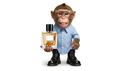 Monkey in glasses and shirt holding perfume bottle playfully