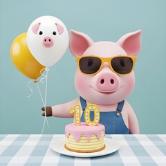 Pig in sunglasses celebrates 10th birthday with cake and balloons