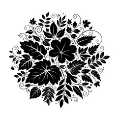 Elegant Black and White Floral Arrangement with Leaves and Flowers.