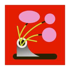 Abstract Geometric Floral Arrangement with Pink Round Blossoms in a Minimalist Grey Vase on a Bright Red Background.