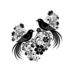 Elegant Black Birds on Floral Swirls Vector Illustration.